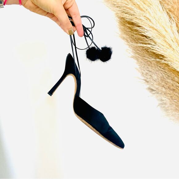 JIMMY CHOO Classic Black Pointy Toe Open Fur Pom Tie Wrap Heeled Mules Shoes 36 - Picture 14 of 16